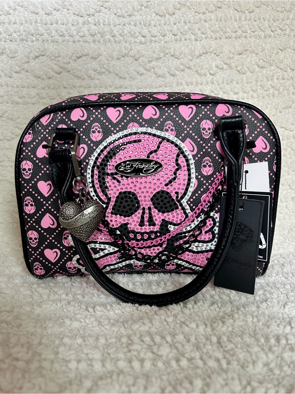 Ed Hardy Pink Skull & Crossbones Rhinestone Black Dome Satchel Chains Hearts Y2K
